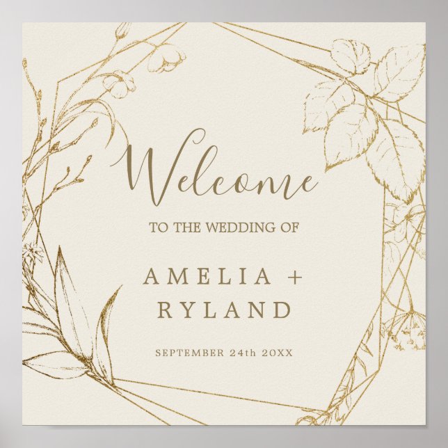 Poster Floral doré | Mariage de bienvenue en crème et or (Devant)
