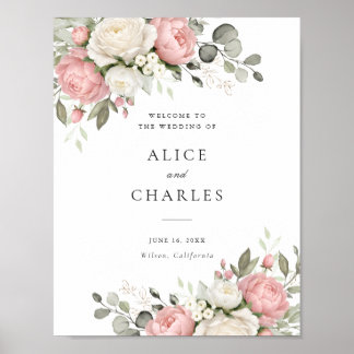 Poster Floral Elegant Blush Pink Greenery Wedding Welcome