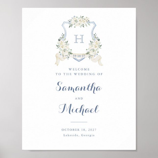 Poster Floral Elegant Dusty Blue Crest Welcome Sign (Devant)
