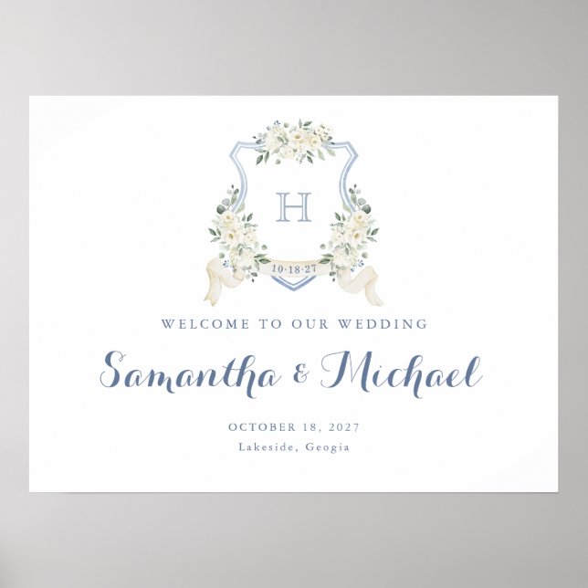 Poster Floral Elegant Dusty Blue Crest Welcome Sign (Devant)