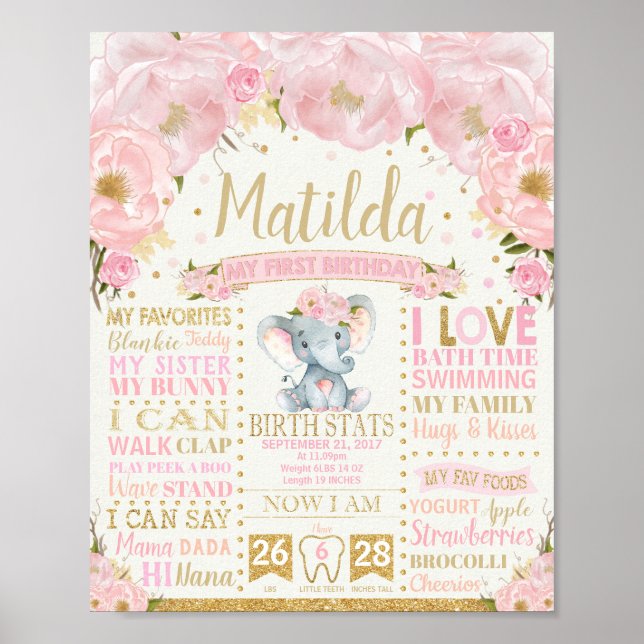 Poster Floral Elephant 1er anniversaire Jalon Statistique (Devant)