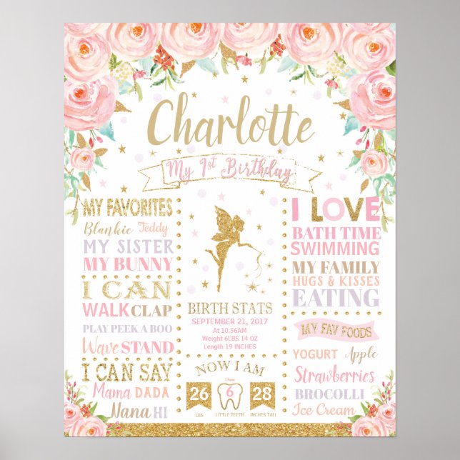 Poster Floral Fairy 1er anniversaire Jalon Naissance Stat (Devant)