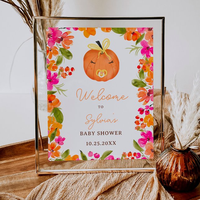Poster Floral Fall petit baby shower d'accueil citrouille (Floral Fall little pumpkin welcome baby shower Poster)