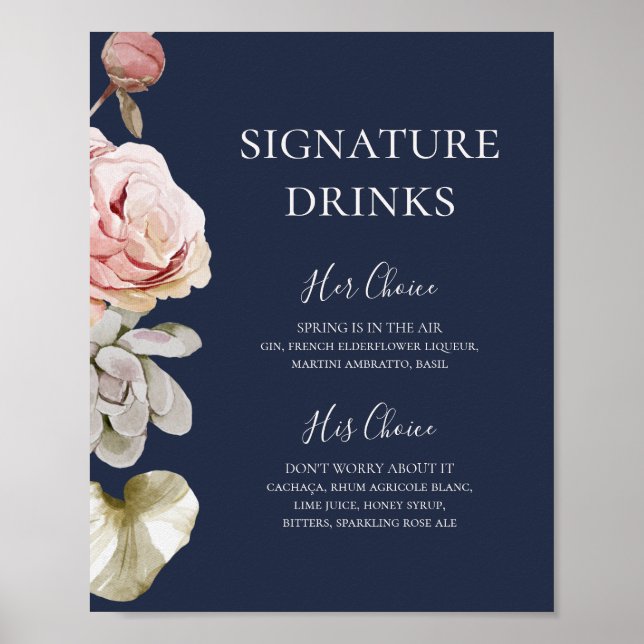 Poster Floral flush moderne | Boissons Signature Marine (Devant)