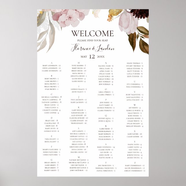 Poster Floral flush moderne | Graphique de sièges alphabé (Devant)