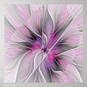 Poster Floral Fractal moderne Fleur Abstraite rose gris