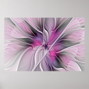 Poster Floral Fractal moderne Fleur Abstraite rose gris