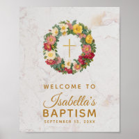 Floral Girl Baptism Gold Cross Rose Wreath Marble
