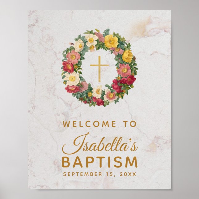 Poster Floral Girl Baptism Gold Cross Rose Wreath Marble (Devant)
