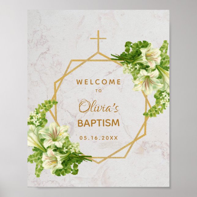 Poster Floral Girl Baptism Gold Marble Lys Bienvenue (Devant)