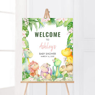 Poster Floral Girl Dinosaur Baby shower Bienvenue