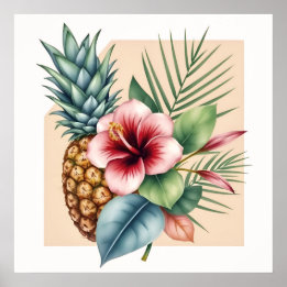 Poster Floral Hawaii Pineapple & Hibiscus Summer Name