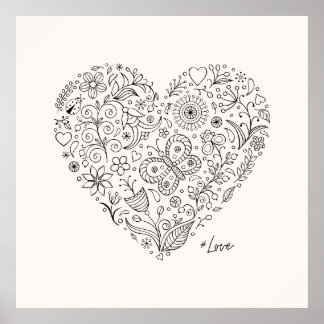 Poster Floral Heart Doodle Romantic Botanical Line Art