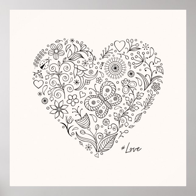 Poster Floral Heart Doodle Romantic Botanical Line Art (Devant)