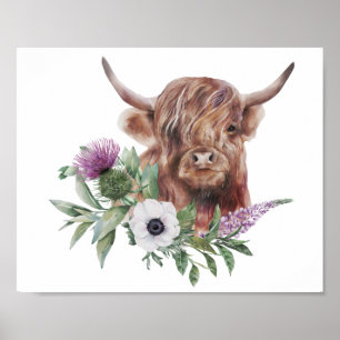 Poster Floral Highland Cow aquarelle découpage Imprimer