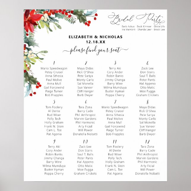 Poster Floral hivernal rustique | Siège de table Mariage (Devant)
