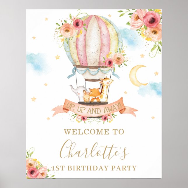 Poster Floral Hot Air Balloon Animaux (Devant)
