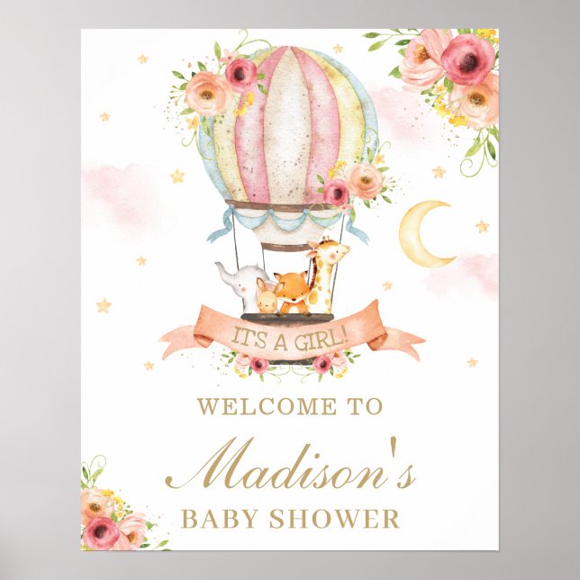 Poster Floral Hot Air Balloon Baby shower Animaux Bienven (Devant)