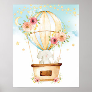 Poster Floral Hot Air Balloon Elephant Adventure Attend