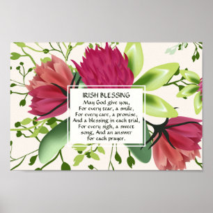 Poster Floral Irlandais Blessing Rouge Rose Vert Clover
