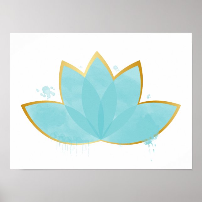 Poster Floral Lotus Aquarelle Mer Bleu & Faux Or (Devant)