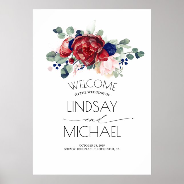 Poster Floral Marine bleu et Mariage rouge Bourgogne (Devant)