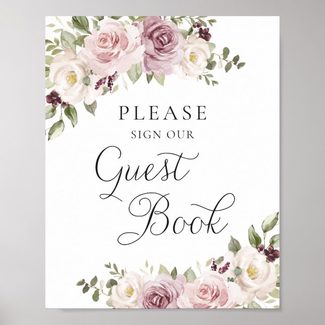 Poster Floral Mauve Blush Élégant Mariage Livre d'invités (Devant)