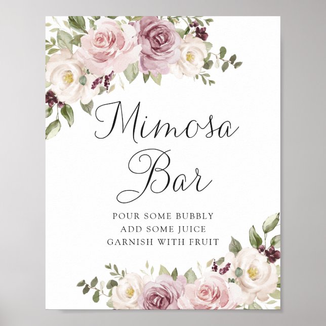 Poster Floral Mauve Blush Mariage élégant Mimosa Bar (Devant)