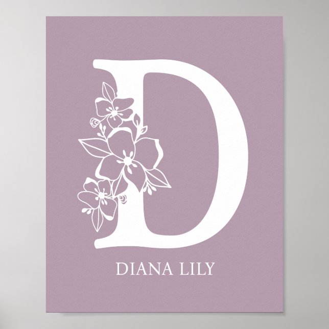 Poster Floral Monogramme Lettre D Nom Pépinière Moderne (Devant)
