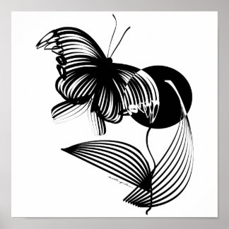 Poster Floral noir et blanc avec papillon