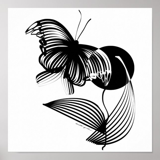 Poster Floral noir et blanc avec papillon (Devant)
