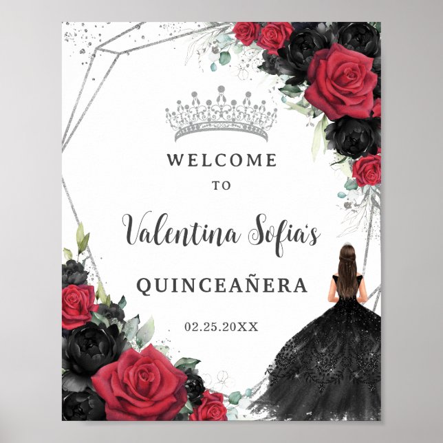 Poster Floral noir et rouge Princesse Quinceañera Bienven (Devant)