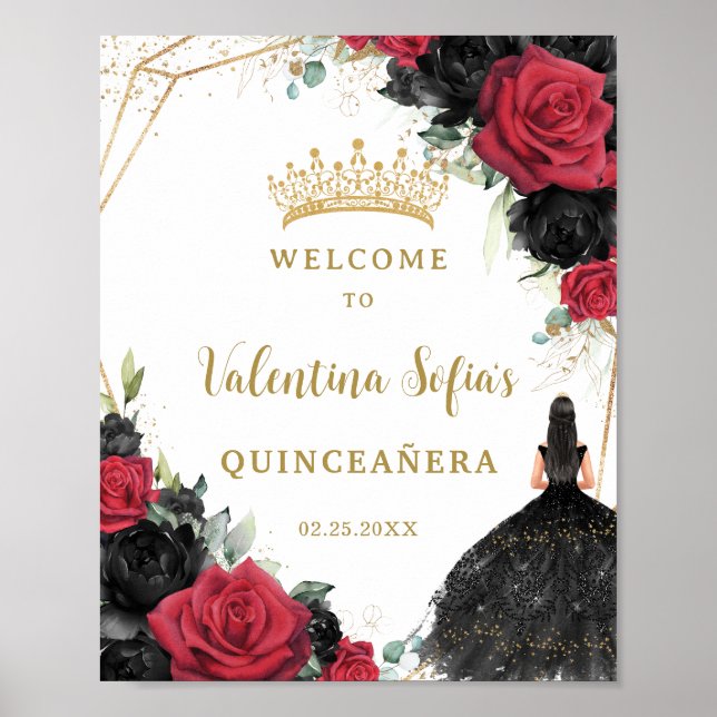Poster Floral noir et rouge Princesse Quinceañera Bienven (Devant)