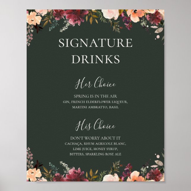 Poster Floral Orange Bourgogne | Boissons de signature ve (Devant)