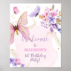 Poster Floral Papillon Jardin rose Fille Accueil d'annive