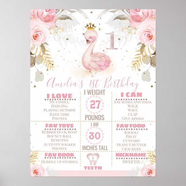 Poster Floral Princess Swan 1er anniversaire Jalon Board (Devant)