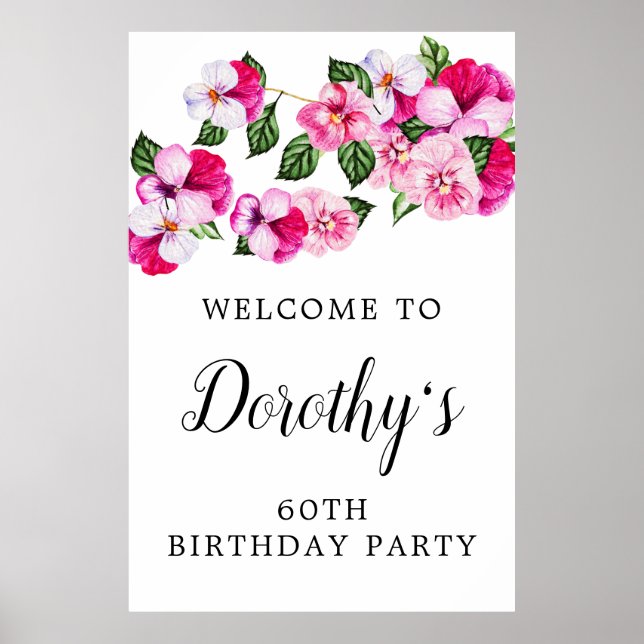 Poster Floral rose blanc 60e anniversaire Bienvenue (Devant)