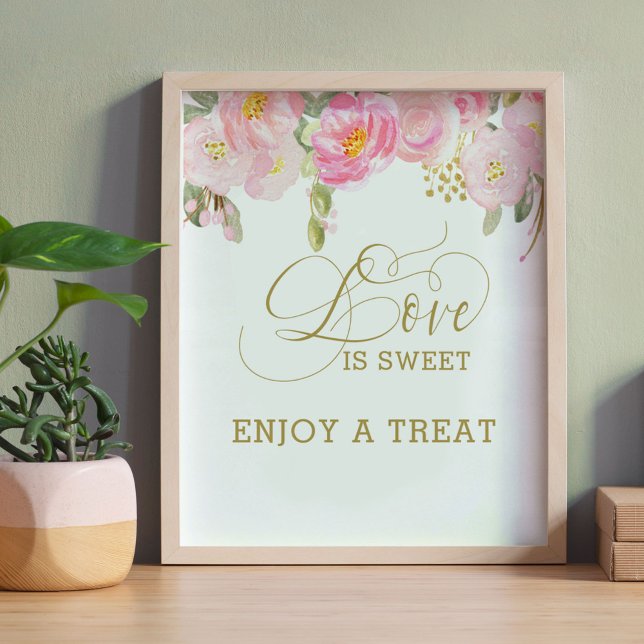 Poster Floral rose or calligraphie L'amour est doux (Love is Sweet candy table sign from my Pink and Gold Watercolor Floral Collection)