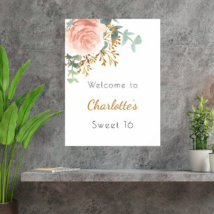 Poster Floral rose or verdure Sweet 16 bienvenue