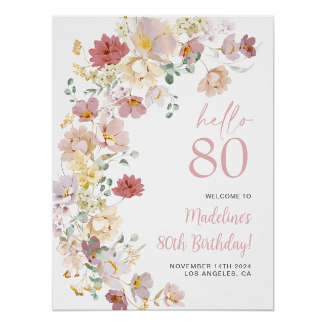 Poster Floral rose pâle 80e anniversaire Bienvenue (Devant)