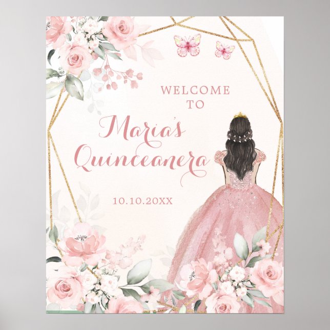 Poster Floral rose pâle Princesse Quinceañera Bienvenue (Devant)