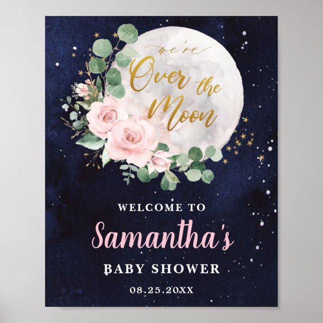 Poster Floral rose sur la lune Baby shower fille Bienvenu (Devant)