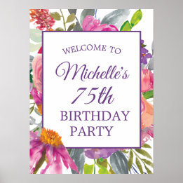 Poster Floral rose violet 75e anniversaire Bienvenue