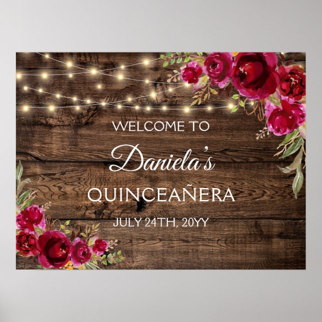 Poster Floral rustique Bienvenue à Quinceañera 15e annive (Devant)