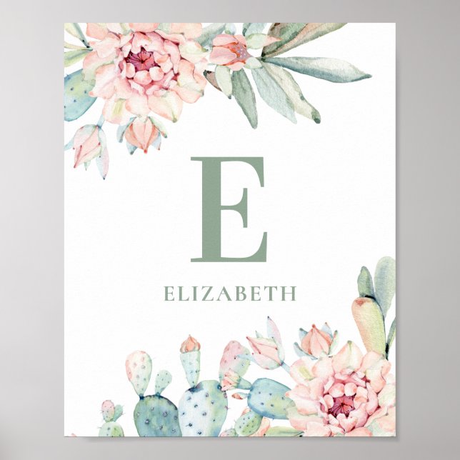 Poster Floral succulents bébé monogramme. Pépinière de Ca (Devant)