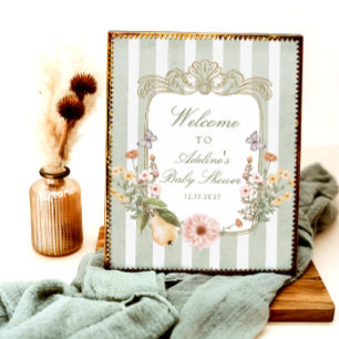 Poster Floral Vintage Boho Sage Green Baby shower Bienven