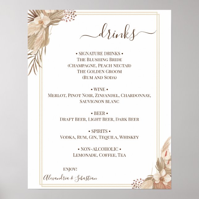 Poster Floral Wedding Drinks Menu Sign (Devant)