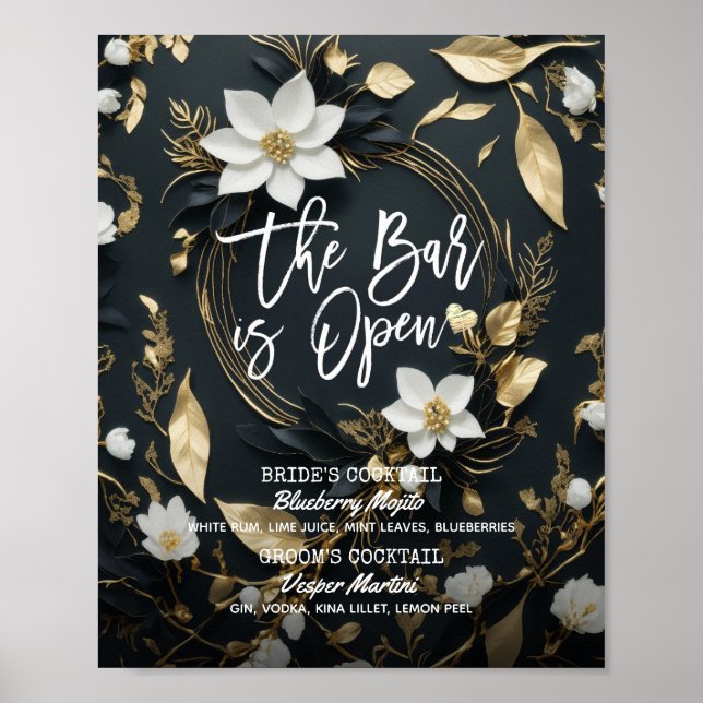 Poster Floral Wreath Mariage The Bar is Open Drink Menu (Devant)