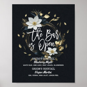 Poster Floral Wreath Mariage The Bar is Open Drink Menu