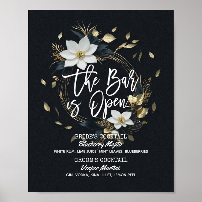 Poster Floral Wreath Mariage The Bar is Open Drink Menu (Devant)